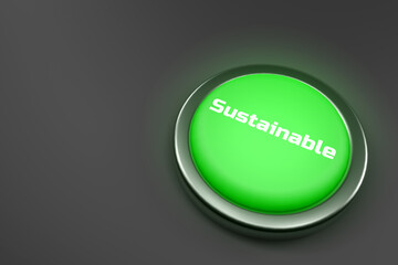 3d rendering of a shiny green button isolated on black background. 
Sustainable button for web page, presentation, apps and design products. Horizontal composition with copy space.