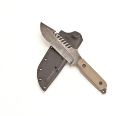 Tactical blade with desert tan handle shot on white background.