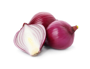 Fresh cut and whole red onion bulbs isolated on white