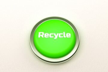3d rendering of a shiny green button isolated on white background. 
Recycle button for web page, presentation, apps and design products. Horizontal composition with copy space.