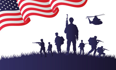 Fototapeta na wymiar soldiers and helicopter figures silhouettes in usa flag background