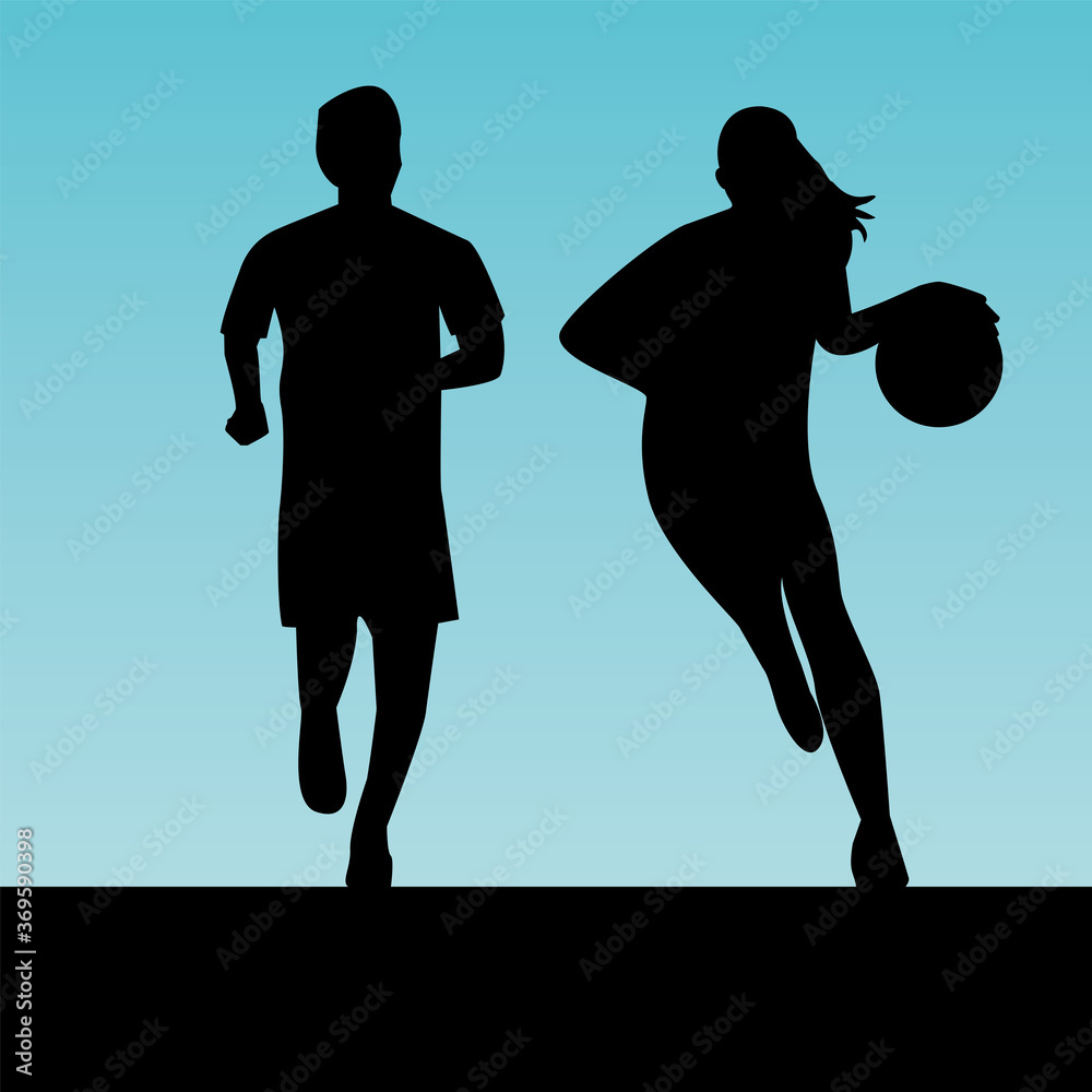 Poster group of athletic people practicing sports silhouettes