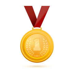 Gold medal for first place. Golden 1st Place Badge. Gold medal with the image of the number 1 and an olive branch. Vector illustration