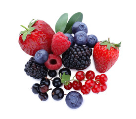 Mix of different fresh berries isolated on white, top view