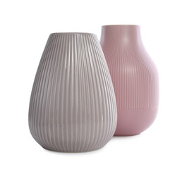 Stylish empty ceramic vases isolated on white