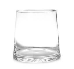 Stylish empty glass vase isolated on white