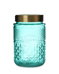 Stylish empty glass vase isolated on white