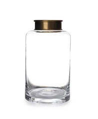 Stylish empty glass vase isolated on white