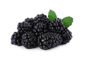 Tasty ripe blackberries and leaves on white background