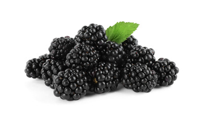 Tasty ripe blackberries and leaf on white background