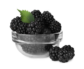 Fresh ripe blackberries in glass bowl isolated on white