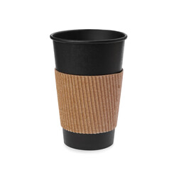 Takeaway paper coffee cup with cardboard sleeve isolated on white