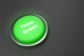 3d rendering of a shiny green button isolated on black background. 
Think Green button for web page, presentation, apps and design products. Horizontal composition with copy space.