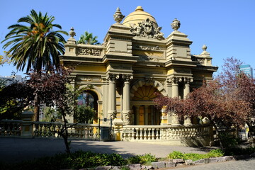 Chile Santiago - Colonial Building in Santa Lucia Park at the Monumental fountain Neptune