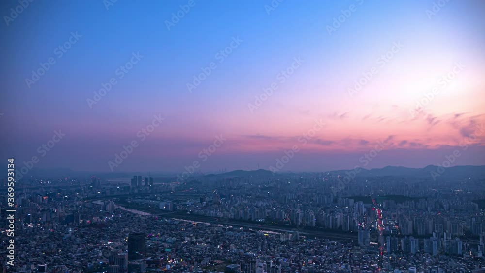 Wall mural sunset over the mountains of Seoul City and Seoul Tower South Korea       