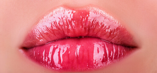 Natural beauty lips. Sexy female lips with pink lipstick. Sensual womens open mouths. Red lip with...