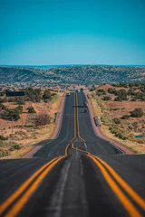 Gardinen Natural american landscape with asphalt way to horizon. Panoramic picture of a scenic road, USA. Endless straight, Route 66. © Volodymyr