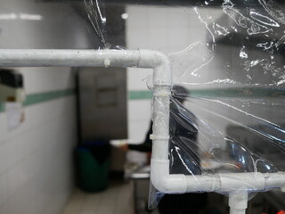 plastic partition counter protect infected in food center,new normal,social distancing concept.