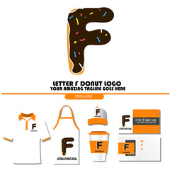 The Best and Delicious Letter F Donuts Shop Logo for Cafe and Bakery. Bitten Chocolate Donut with Initial Lettering Logotype Vector Illustration on White Background with Brand Identity include Shirt. 