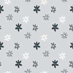 Minimalistic floral patern with abstract daisy silhouettes. Pastel blue background. White and grey botanic elements.