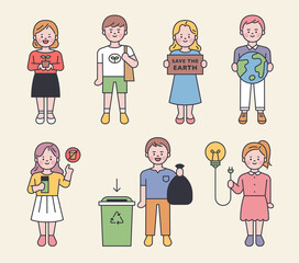 Cute characters are holding items that protect the environment. flat design style minimal vector illustration.