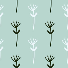 Minimalistic flower silhouettes seamless pattern. Black and white botanic elements on blue background.
