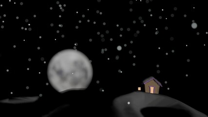 A wooden house in snow storm with blur full moon in background (3D Rendering)