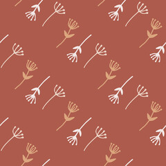 Autumn dandelion seamless pattern. Brick color background and white and beige botanic ornament. Simple backdrop.