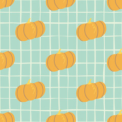 Seamless doodle pattern with orange pumpkin simple silhouettes. Blue background with check.