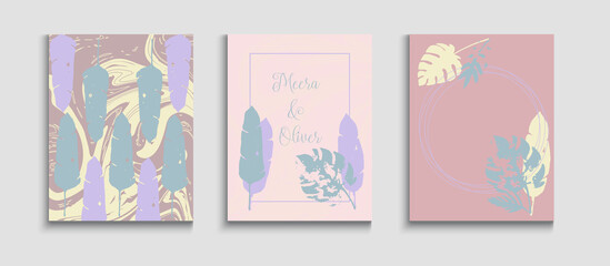 Abstract Trendy Vector Banners Set. Tie-Dye, Tropical Leaves Flyers. 