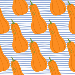 Contrast seamless pattern with pumpkin doodle silhouettes. White background with blue check and orange vegetables.