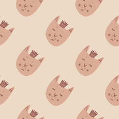 Seamless pattern with cat faces. Pastel tones artwork in beige color. Stylized doodle print.