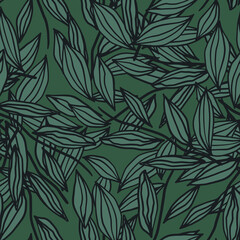 Floral seamless pattern with lined contoures leaves random elements. Artwork in green tones.