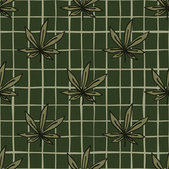 Dark marijuana seamless botanic pattern. Sheet contoured leafs and background with check in green tones.