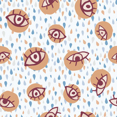 Hand drawn doodle seamless eye pattern. White backgrouns with multicolor drops and beige circles.