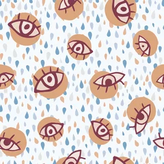 Tuinposter Hand drawn doodle seamless eye pattern. White backgrouns with multicolor drops and beige circles. © smth.design