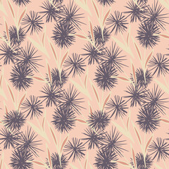 Dandelion silhouettes abstract seamless pattern. Light pink background with purple flower elements.