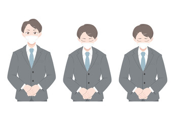 A man in a mask bows. The bow of a businessman in a suit.