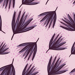 Fototapeta na wymiar Random seamless botanic pattern with purple flower buds. Light pastel lilac background with splashes.