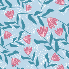 Random seamless pattern with flower elements. Pink tulip buds and turquoise stems on blue background with splashes.