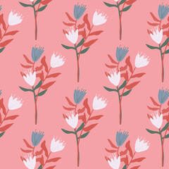 Fototapeta na wymiar Summer seamless floral pattern with tulip bouquet. Blue and white flowers with red leaves. Pink background.