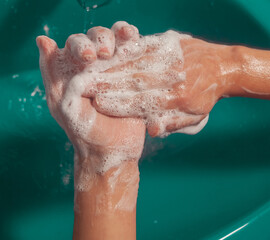 Hand washing and hygiene with a lot of foam
