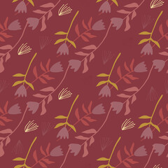 Seamless tulip ornament pattern. Simple hand drawn floral silhouettes in maroon colors. Botanic stylized print.