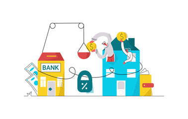 Vector flat abstract illustration with young family paying their mortgage. They are metaphorically linked to Bank by rope that holds lock with mortgage interest. Concept buying house.