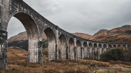 A low angle shot of the famous historical Glenfinnan viaduct, Scotland