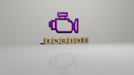 3D representation of engine with icon on the wall and text arranged by metallic cubic letters on a mirror floor for concept meaning and slideshow presentation. illustration and car