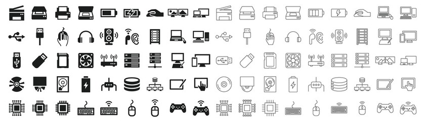 PC peripherals black and white icon set