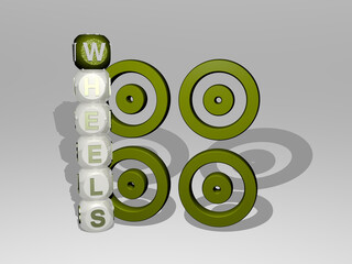 3D representation of WHEELS with icon on the wall and text arranged by metallic cubic letters on a mirror floor for concept meaning and slideshow presentation. illustration and background