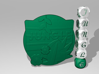 3D graphical image of jungle vertically along with text built around the icon by metallic cubic letters from the top perspective. excellent for the concept presentation and slideshows. background