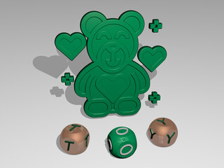 3D illustration of TOY graphics and text around the icon made by metallic dice letters for the related meanings of the concept and presentations. background and child